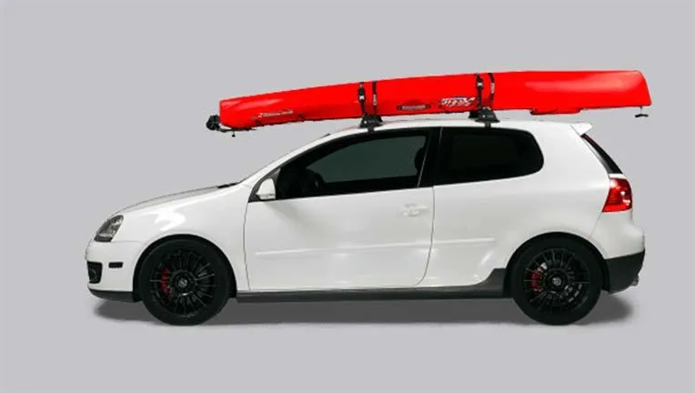 Slide: The Image of White car with red 2022 Hobie Revolution 11 kayak on roof rack. - 4