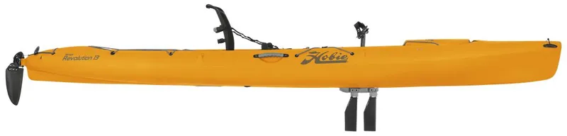 The Image of 2022 Hobie Revolution 13 kayak, yellow, side view, featuring pedal drive system. - 1