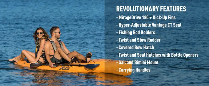 Slide: The Image of 2022 Hobie Revolution 13 kayak with MirageDrive, adjustable seat, and fishing features on water. - 2