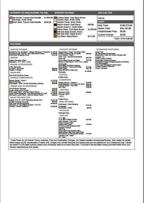 Slide: The Image of 2025 Axis T220 features and pricing sheet with exterior and interior color options. - 15