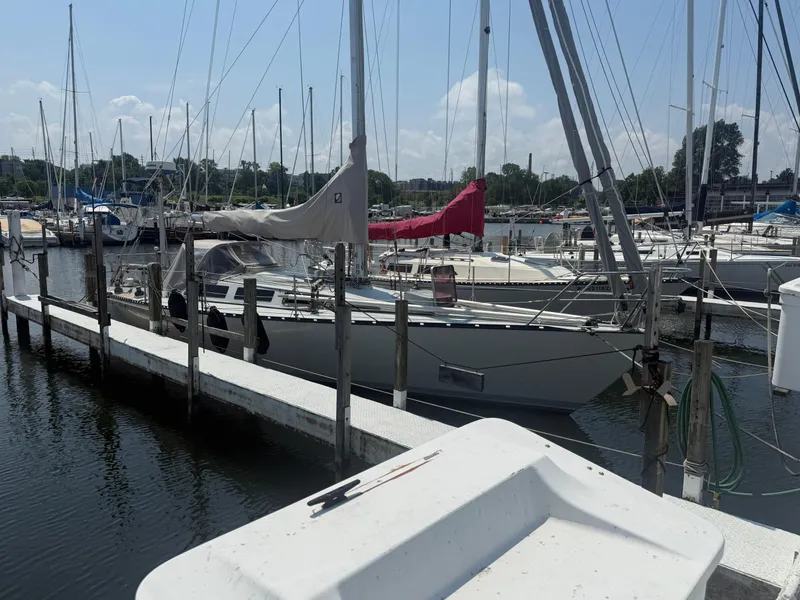 Slide: The Image of Sailboat docked at marina, Abbott 36 model, 1986, surrounded by other boats. - 12