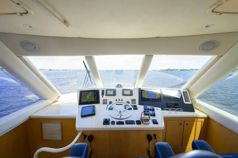 Slide: The Image of Interior view of 2003 Ocean Yachts 62 Enclosed Bridge Super Sport helm. - 43