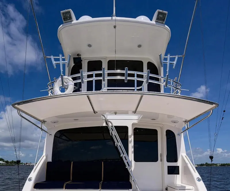 Slide: The Image of 2003 Ocean Yachts 62 Enclosed Bridge Super Sport, rear view, clear sky background. - 48