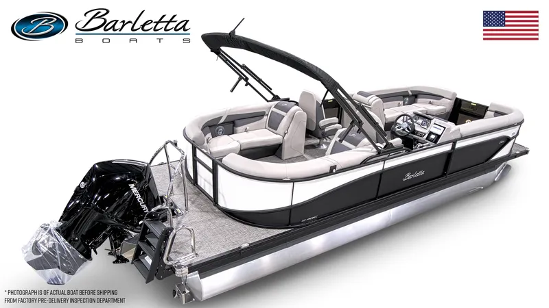 Slide: The Image of 2025 Barletta Cabrio 24QC pontoon boat with sleek design and modern features. - 2