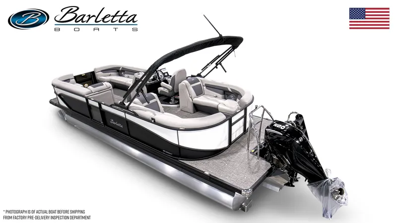 Slide: The Image of 2025 Barletta Cabrio 24QC pontoon boat with sleek design and powerful outboard motor. - 3