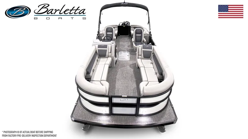 Slide: The Image of 2025 Barletta Cabrio 24QC pontoon boat, spacious interior, luxury seating, American flag, Barletta logo. - 5