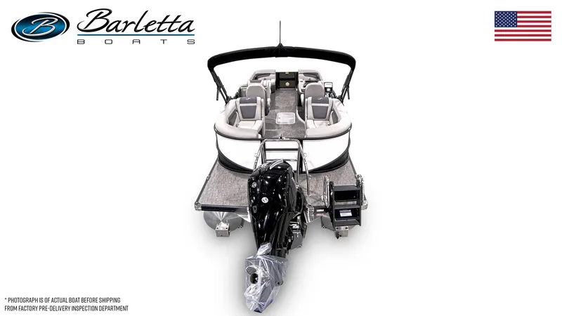 Slide: The Image of 2025 Barletta Cabrio 24QC pontoon boat, rear view, with motor and seating, USA flag. - 6