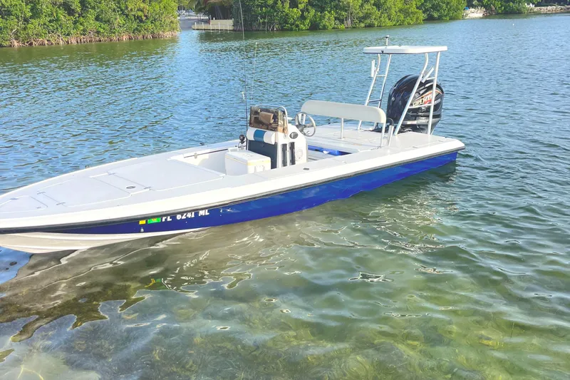 The Image of 2002 Back Country 201 Pro Guide boat on clear water near lush greenery. - 0