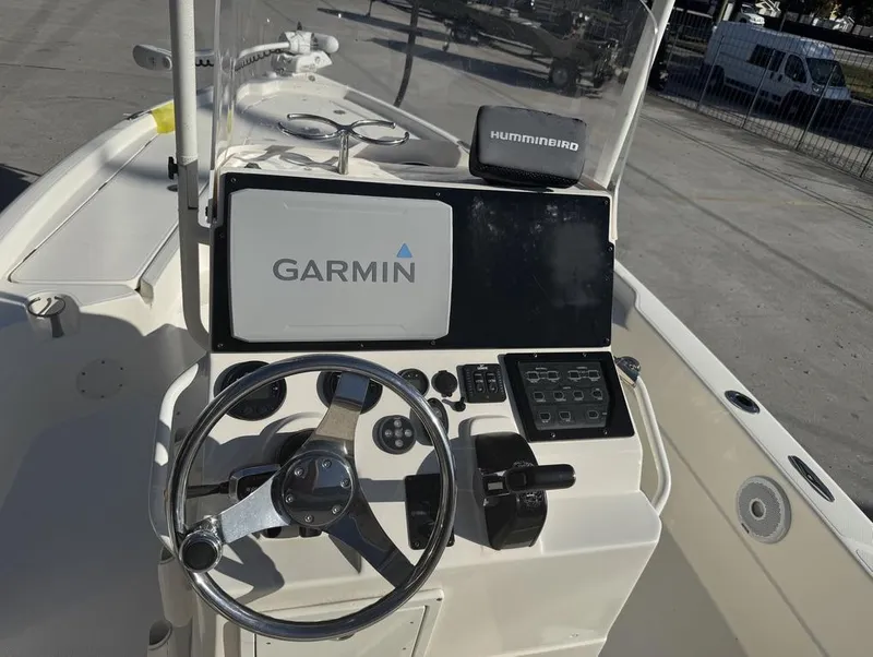 Slide: The Image of 2019 Skeeter SX 240 boat console with Garmin and Humminbird electronics. - 15