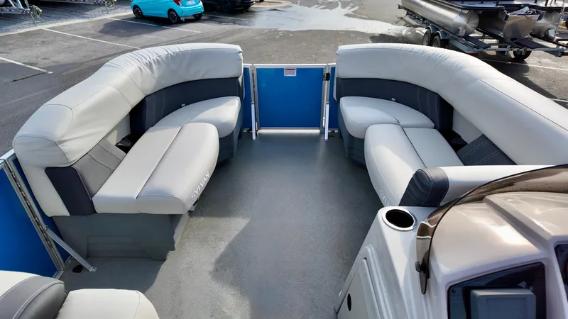 Slide: The Image of 2025 Sylvan MIRAGE 818 CRS pontoon boat interior with spacious seating and modern design. - 6