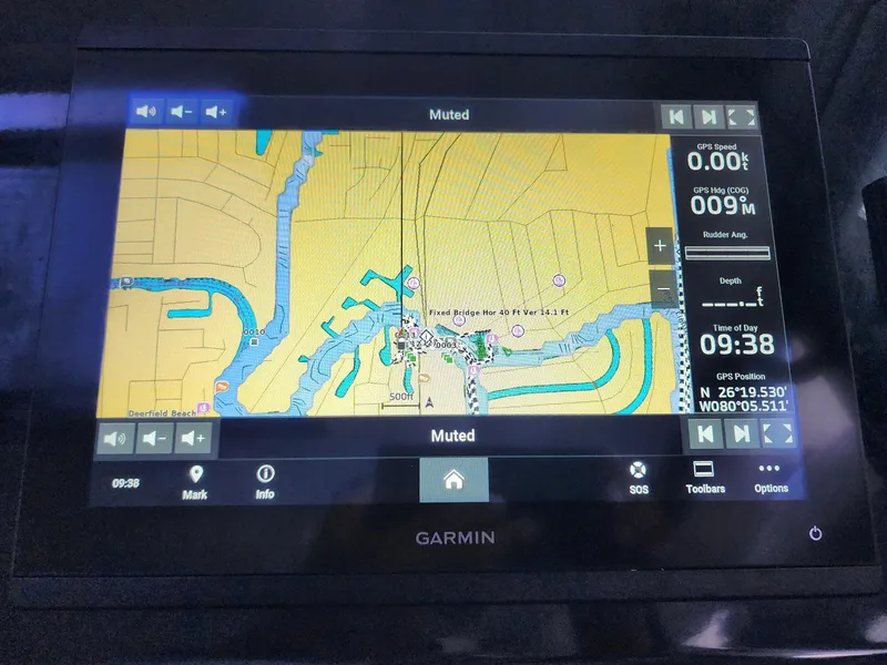 Slide: The Image of Garmin navigation display on 2023 Jeanneau NC Sport 895 boat, showing detailed map and coordinates. - 15