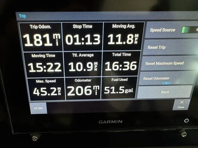 Slide: The Image of Dashboard display showing trip statistics on a Garmin device for a 2023 Regal 2000 ES. - 19