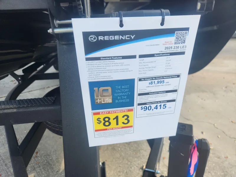 Slide: The Image of 2025 Regency 230 LE3 price tag, showing features and payment details. - 6