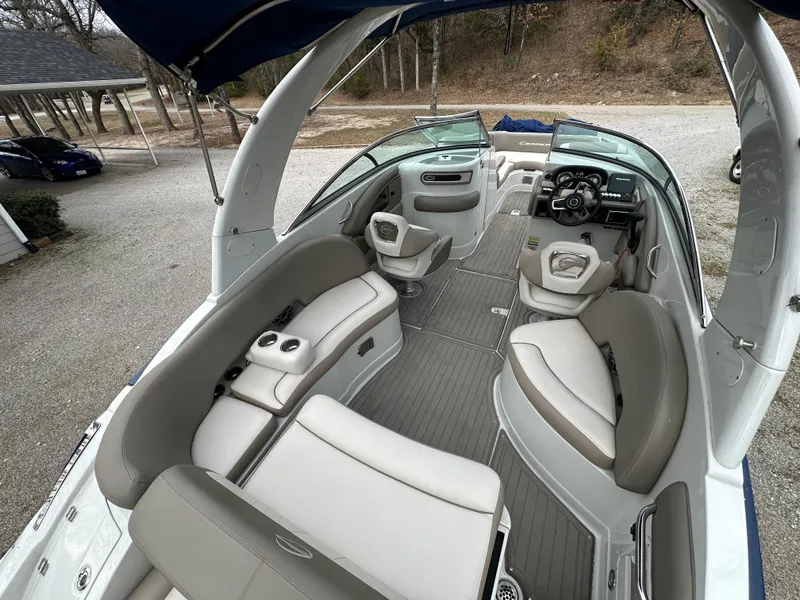 Slide: The Image of 2018 Crownline Eclipse E25 boat interior with spacious seating and modern design. - 4