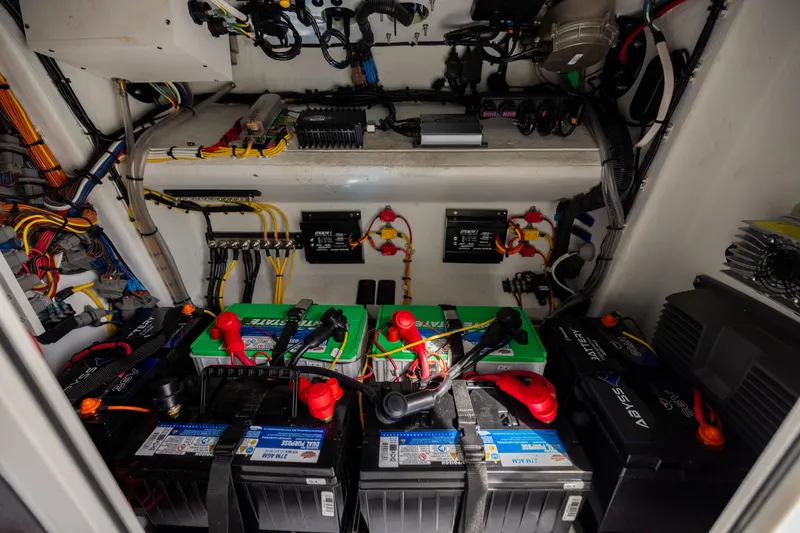 Slide: The Image of Electrical system of a 2022 Freeman 37 VH boat, featuring batteries and wiring. - 47