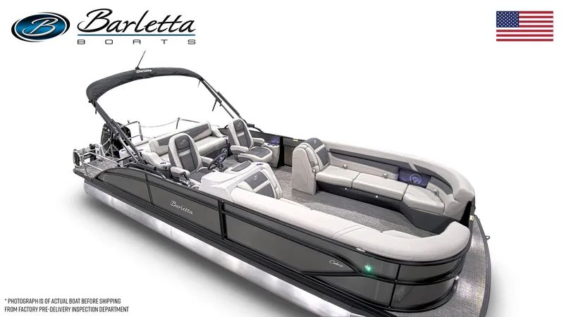 Slide: The Image of 2025 Barletta Cabrio 24UC pontoon boat with sleek design and spacious seating. - 2