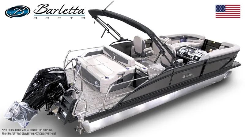 Slide: The Image of 2025 Barletta Cabrio 24UC pontoon boat with sleek design and modern features. - 4