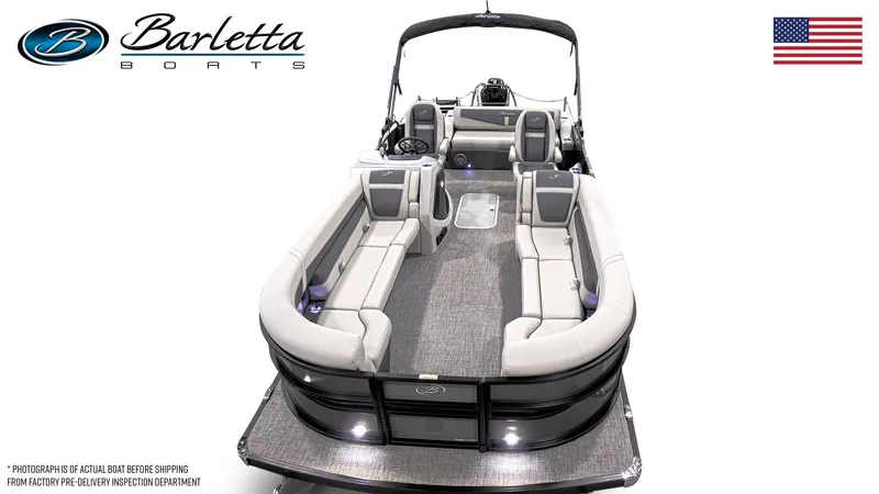 Slide: The Image of 2025 Barletta Cabrio 24UC pontoon boat with spacious seating and sleek design. - 6