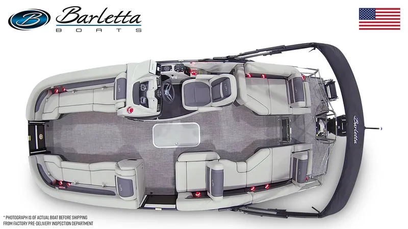 Slide: The Image of 2025 Barletta Cabrio 24M pontoon boat, top view, showcasing spacious seating and modern design. - 2