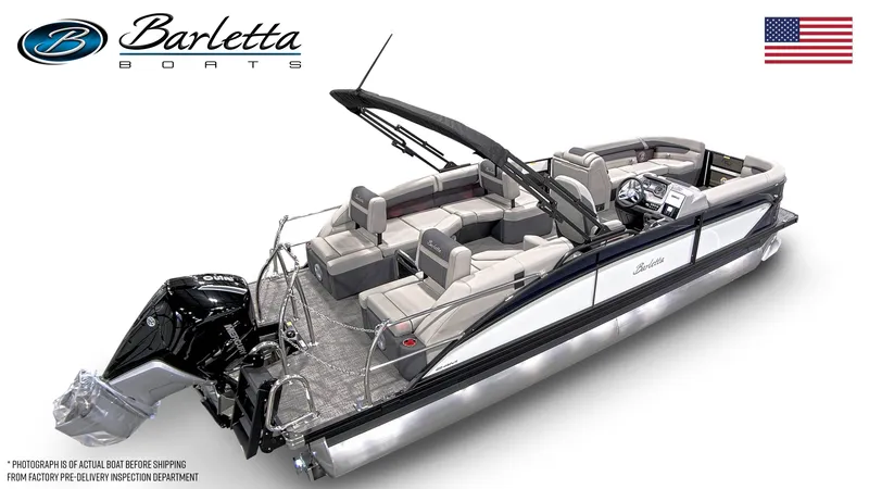 Slide: The Image of 2025 Barletta Cabrio 24M pontoon boat with sleek design and spacious seating. - 5