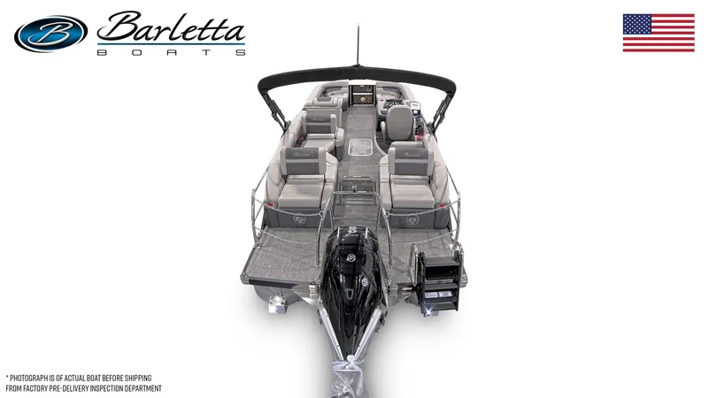 Slide: The Image of 2025 Barletta Cabrio 24M pontoon boat, top view, featuring spacious seating and modern design. - 6