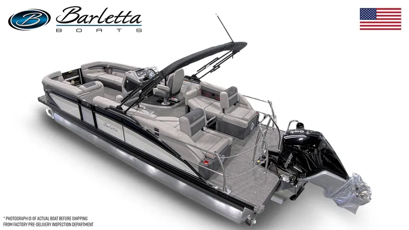 Slide: The Image of 2025 Barletta Cabrio 24M pontoon boat with sleek design and spacious seating. - 7