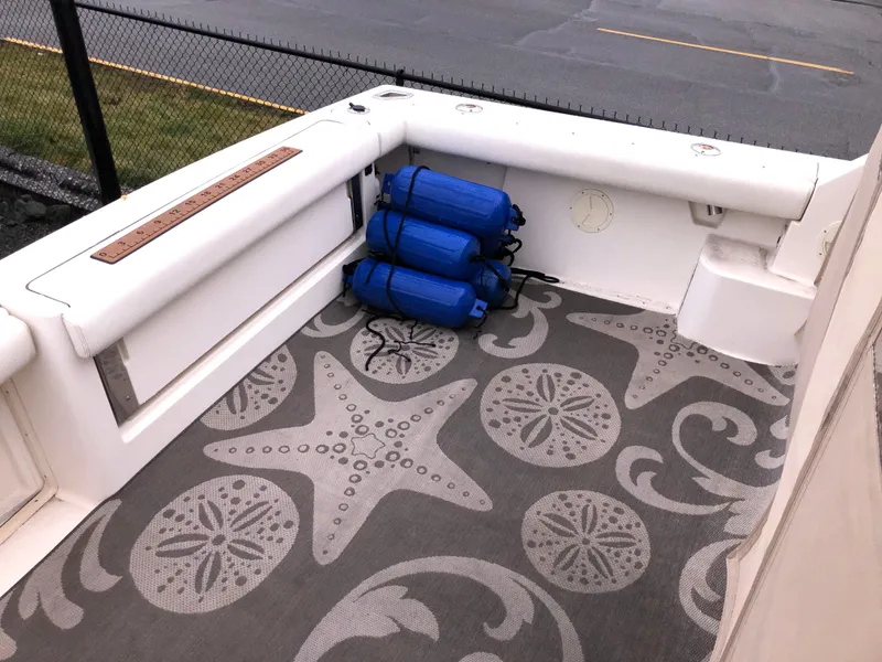 Slide: The Image of 2000 Tiara Yachts 3100 Open deck with patterned carpet and blue fenders. - 18