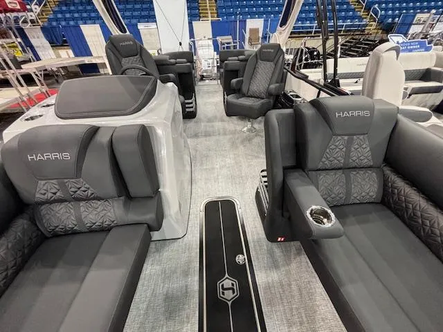 Slide: The Image of Luxurious interior of 2025 Harris Grand Mariner 250 pontoon boat with plush seating. - 10