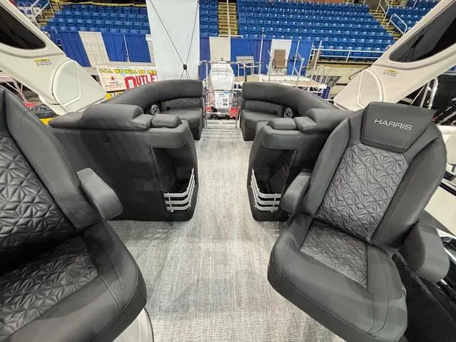 Slide: The Image of Interior of 2025 Harris Grand Mariner 250 with luxurious seating and modern design. - 16