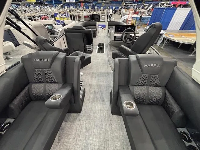 Slide: The Image of Interior of 2025 Harris Grand Mariner 250 pontoon boat with luxurious seating. - 23