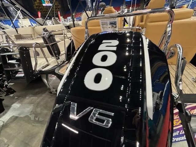 Slide: The Image of 2025 Harris Solstice 230 boat with V6 engine, showcasing "200" horsepower. - 25