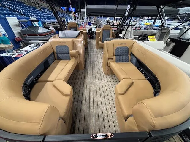 Slide: The Image of 2025 Harris Solstice 230 pontoon boat with luxurious tan seating and spacious interior. - 3