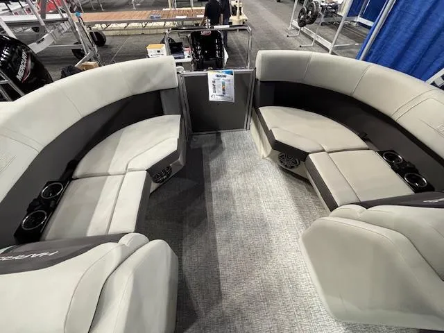Slide: The Image of 2025 Harris Cruiser 230 interior with spacious seating and modern design. - 12