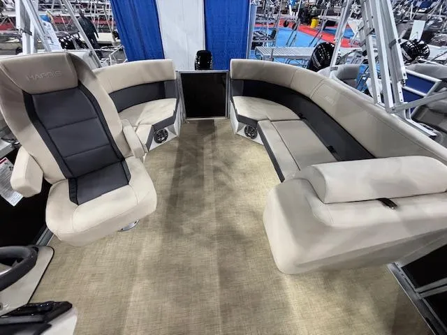 Slide: The Image of 2025 Harris Cruiser 190 interior with beige seating and modern design. - 8