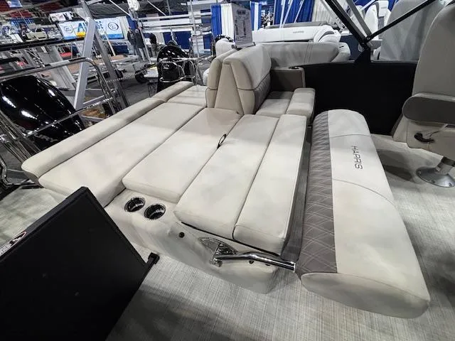 Slide: The Image of Luxurious seating on 2025 Harris SUNLINER 230 SLDH pontoon boat, showcasing elegant design and comfort. - 19