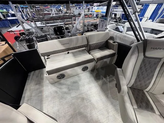 Slide: The Image of 2025 Harris SUNLINER 230 SLDH pontoon boat interior with luxurious seating and modern design. - 22