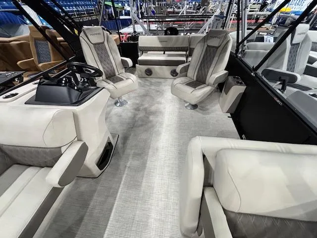 Slide: The Image of Interior of 2025 Harris SUNLINER 230 SLDH pontoon boat with luxurious seating and modern design. - 24
