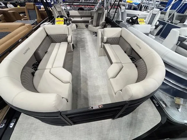 Slide: The Image of 2025 Harris SUNLINER 230 SLDH pontoon boat with spacious seating and modern design. - 26