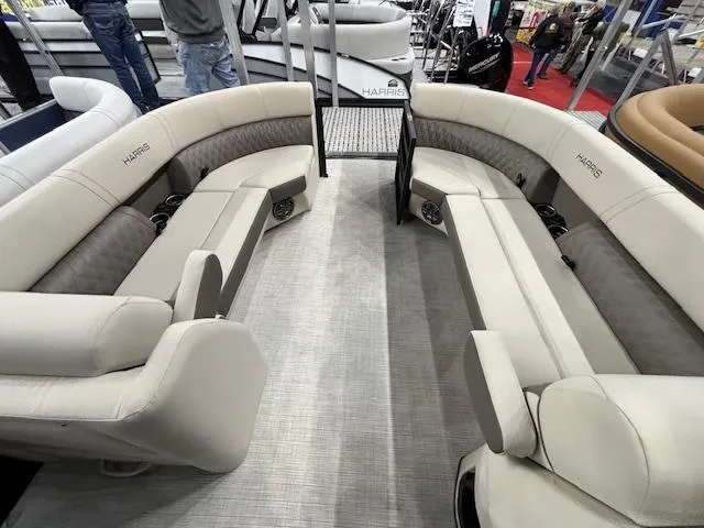 Slide: The Image of Luxurious interior of 2025 Harris SUNLINER 230 SLDH pontoon boat with plush seating. - 8