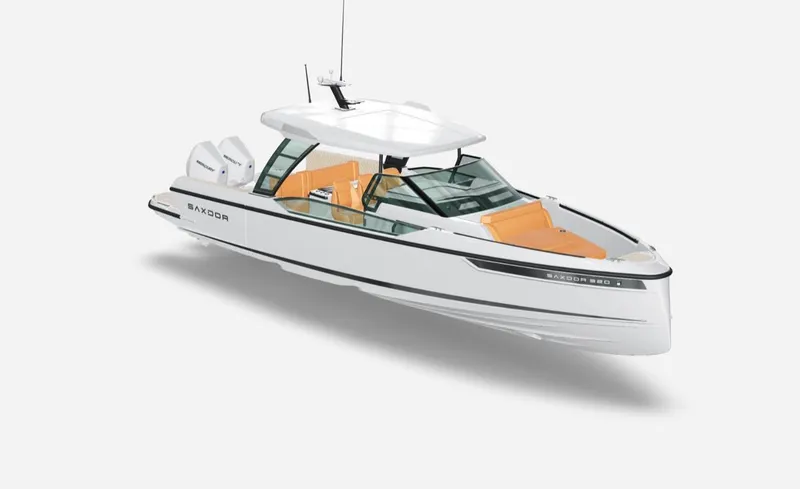 Slide: The Image of 2025 Saxdor 320 GTO boat with sleek design and orange seating. - 9