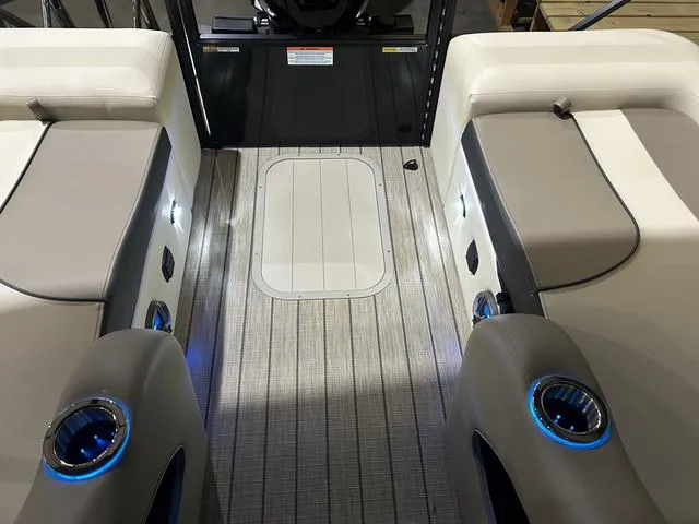 Slide: The Image of Interior of 2025 SunCatcher Select 322SS boat with Yamaha 250 "SHO" engine, featuring modern seating. - 16