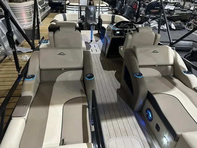 Slide: The Image of 2025 SunCatcher Select 322SS boat interior with Yamaha 250 "SHO" engine, luxury seating. - 5