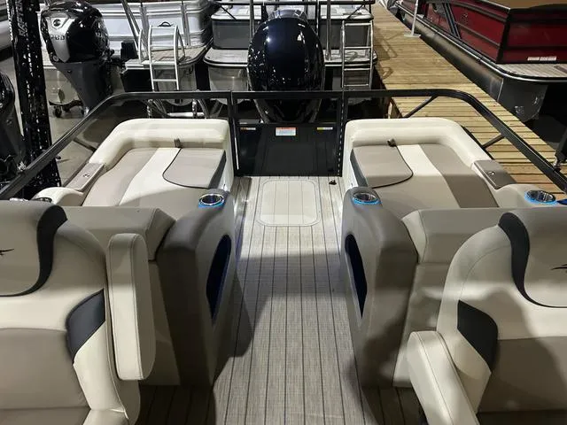 Slide: The Image of 2025 SunCatcher Select 322SS boat interior with Yamaha 250 "SHO" engine, featuring plush seating. - 7