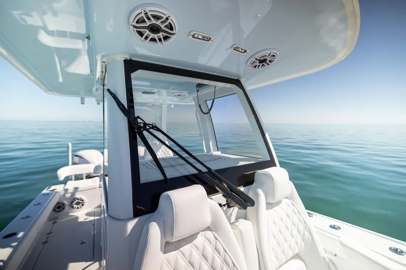 Slide: The Image of Freeman 28 boat interior, 2025 model, featuring modern design and ocean view. - 48