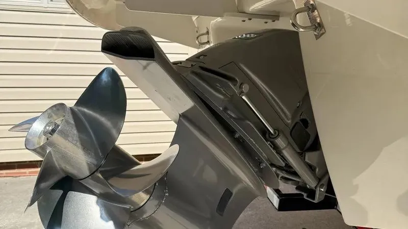Slide: The Image of Close-up of 2019 Chaparral 257 SSX boat propeller and outdrive mechanism. - 22