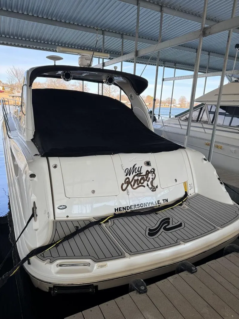Slide: The Image of 2007 Sea Ray 38 Sundancer docked, rear view with custom name "Why Knot" in Hendersonville, TN. - 36