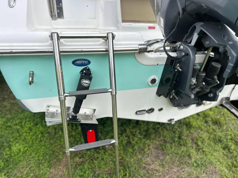 Slide: The Image of 2016 Tidewater 210 LXF boat stern with ladder and motor, on grass. - 16