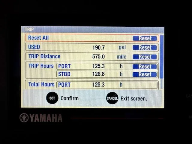 Slide: The Image of Yamaha display showing trip data: 190.7 gallons used, 575 miles traveled, 2019 Beneteau Antares 27. - 22