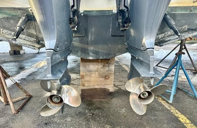 Slide: The Image of 2019 Beneteau Antares 27 boat propellers and outboard motors on dry dock. - 38
