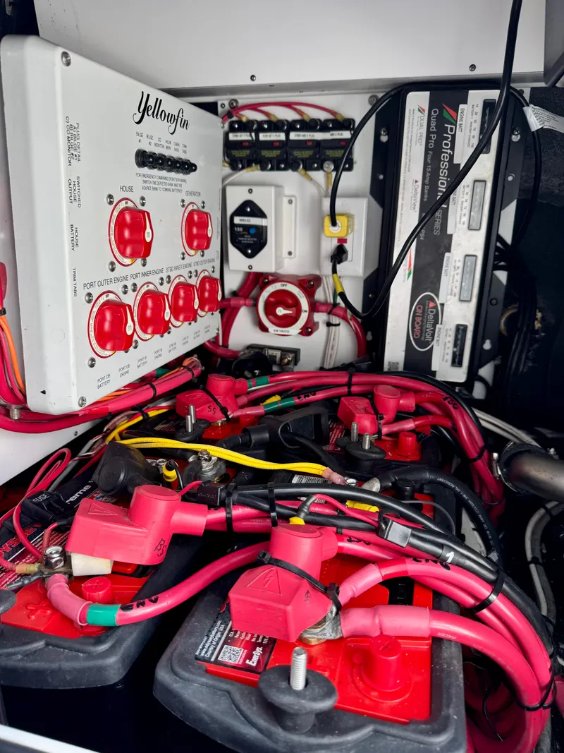 Slide: The Image of Electrical system of a 2020 Yellowfin 42 Offshore boat with batteries and wiring. - 27